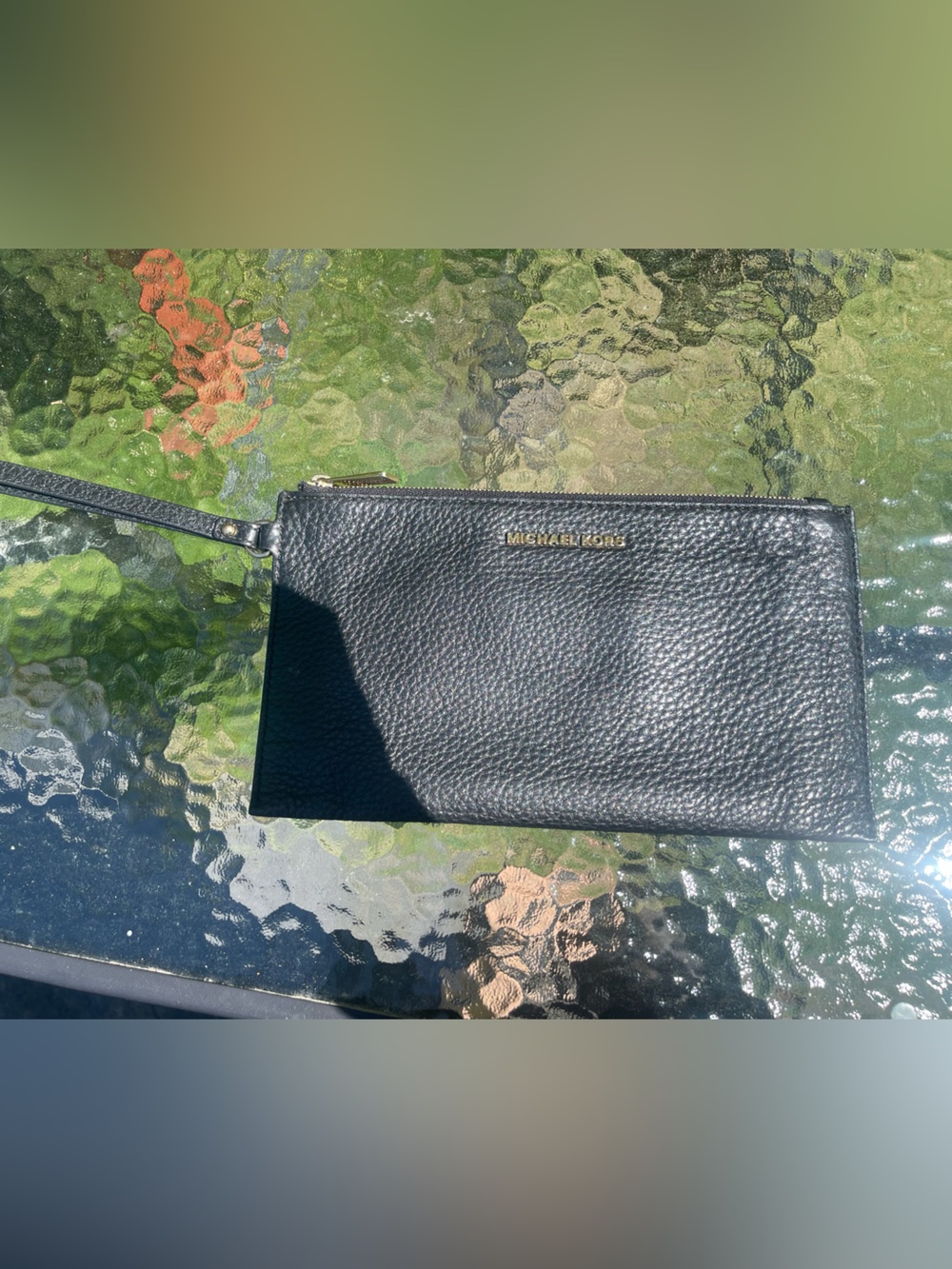 Michael Kors Black Pebbled Leather Wristlet with Gold Logo